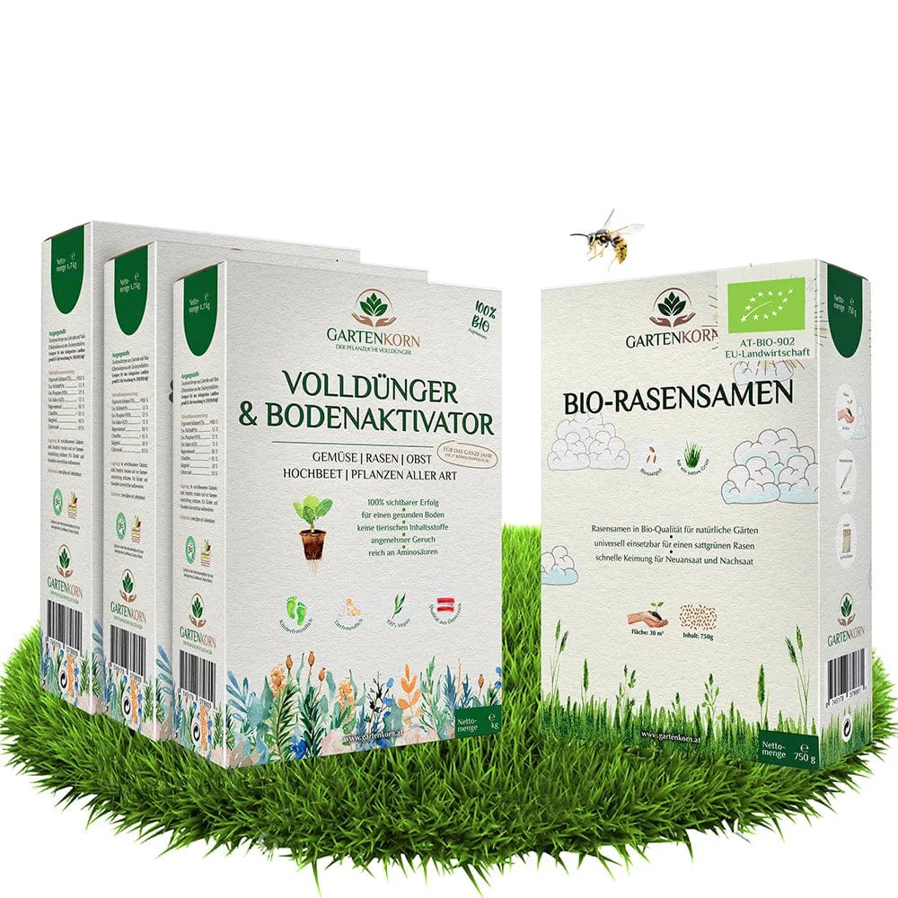 Bio-Rasen Set | Bio-Rasensamen und Volldnger im Gartenkorn Set